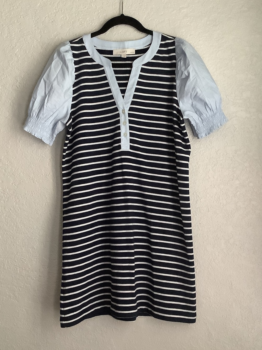 LOFT Navy and Light Blue Striped Short Sleeve Dress